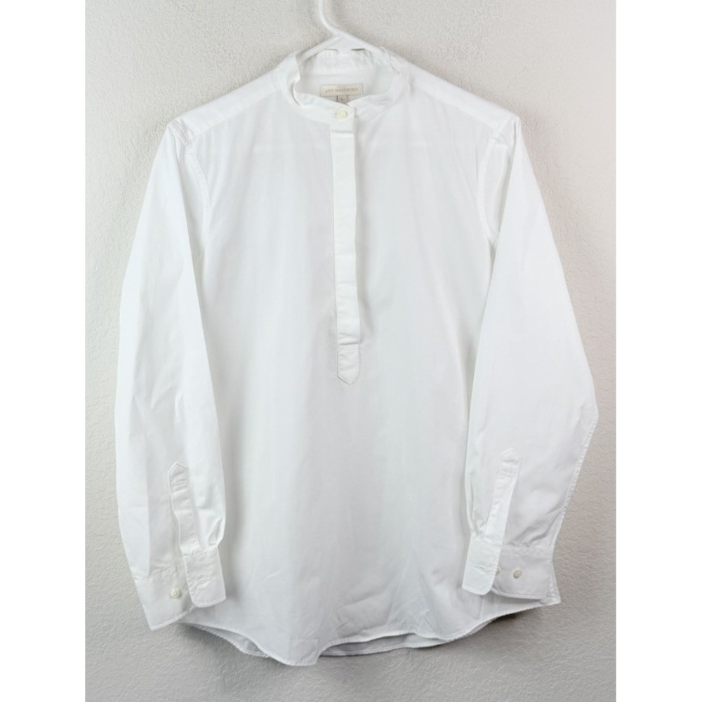Ann Mashburn Popover Shirt Sz L White Cotton Band Collar Quiet Luxury Minimalist